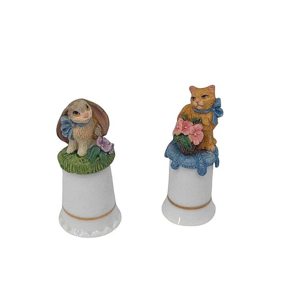 Avon Charming Thimble Porcelain‎ Bunny & Cat Figurines Trinkets Knick Knacks MCM